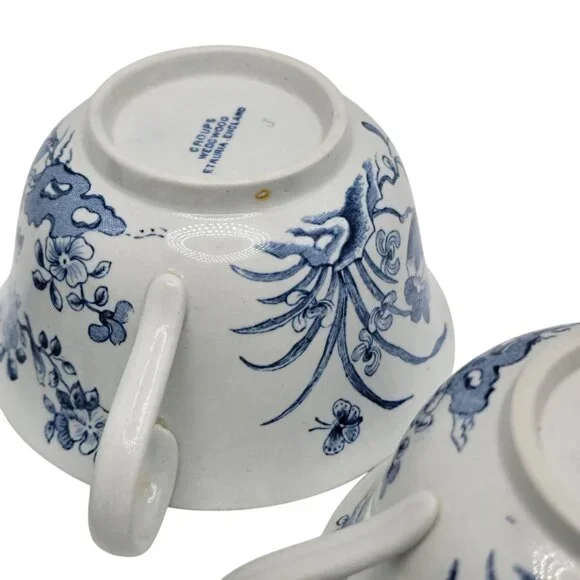 Antique Wedgwood Etruria Double-Handle Soup Cups – Blue Floral Transferware - Picture 5 of 6